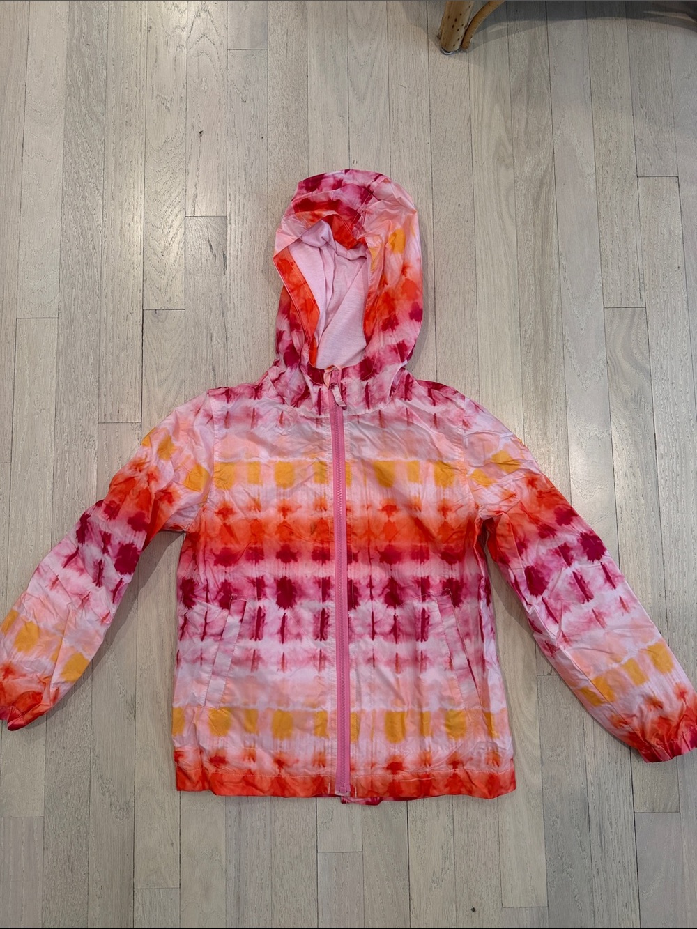 Me Jane Pink Tie-Dye Hooded Zip Jacket with Red & Orange Accents